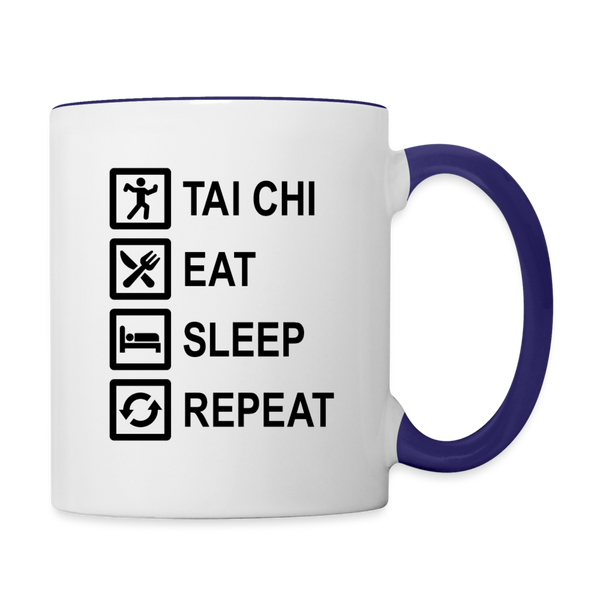 Tai Chi, Eat, Sleep, Repeat Coffee Mug - white/cobalt blue